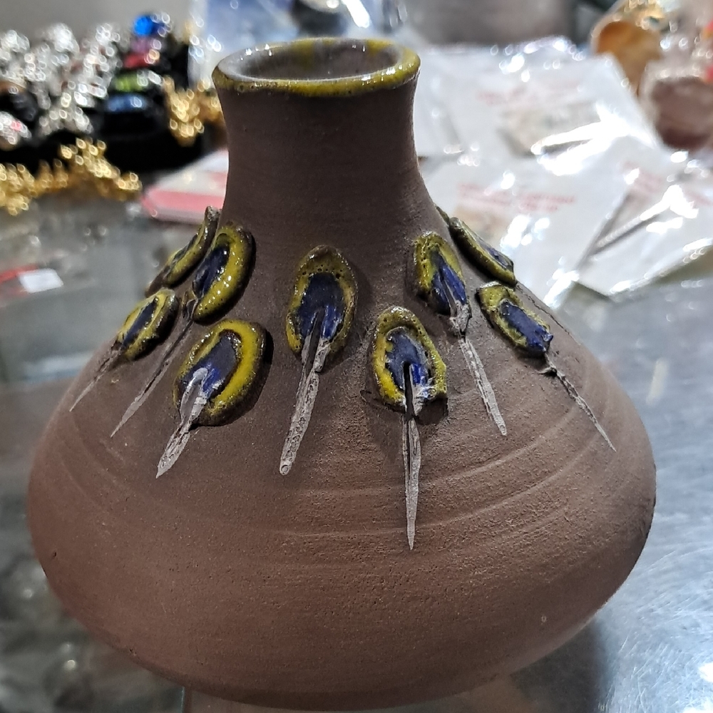 Native Brown Ceramic Vase with Blue and Yellow Accents